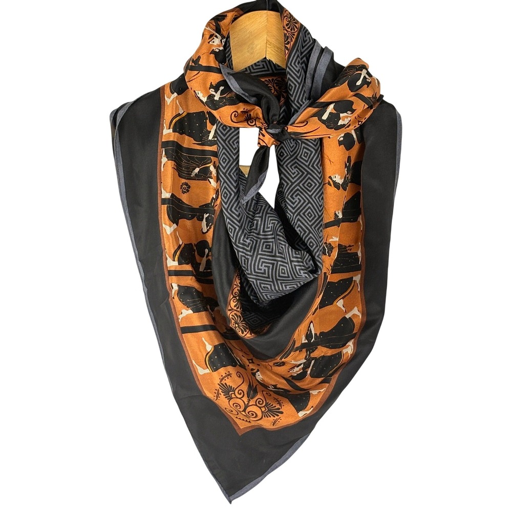 MFA Boston 100% Silk Scarf 35"Orange Black Greek Pottery Mythology Japan Classic